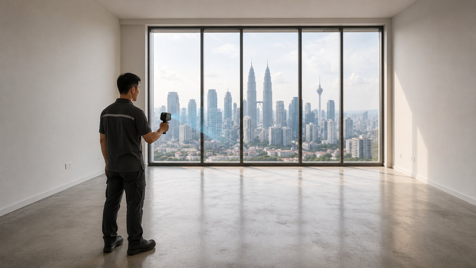 A PlanLah technician holding a compact LiDAR scanner in a bright, empty new-build Kuala Lumpur condo — bare floor, floor-to-ceiling windows, the KL skyline beyond.