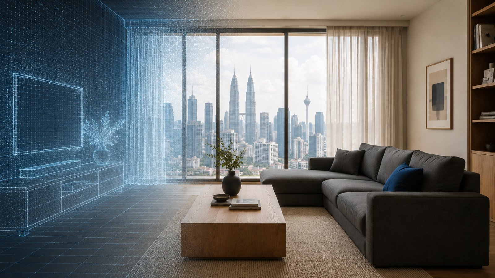 The same room mid-transition — a translucent blue 3D point-cloud mesh on the left dissolving into a fully furnished, warm-minimalist living room on the right, charcoal sofa and oak coffee table, KL skyline through the window.