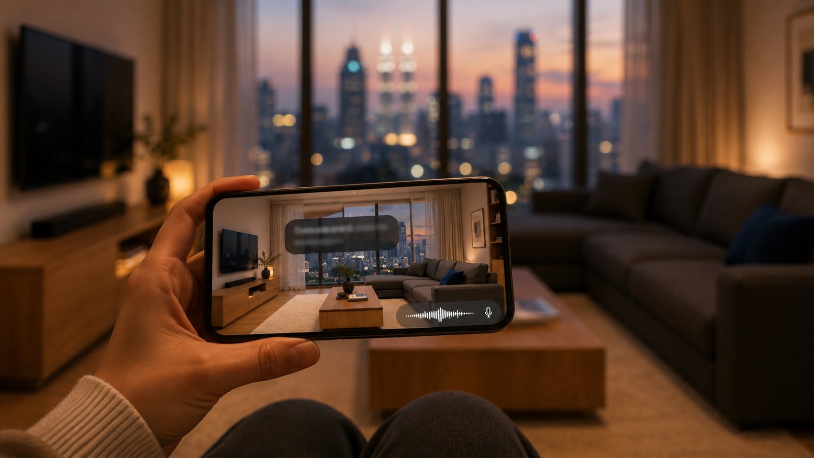 A hand holding a phone that shows a photorealistic render of the living room with a voice-input waveform on screen, the real dusk-lit apartment and KL skyline softly blurred behind it.