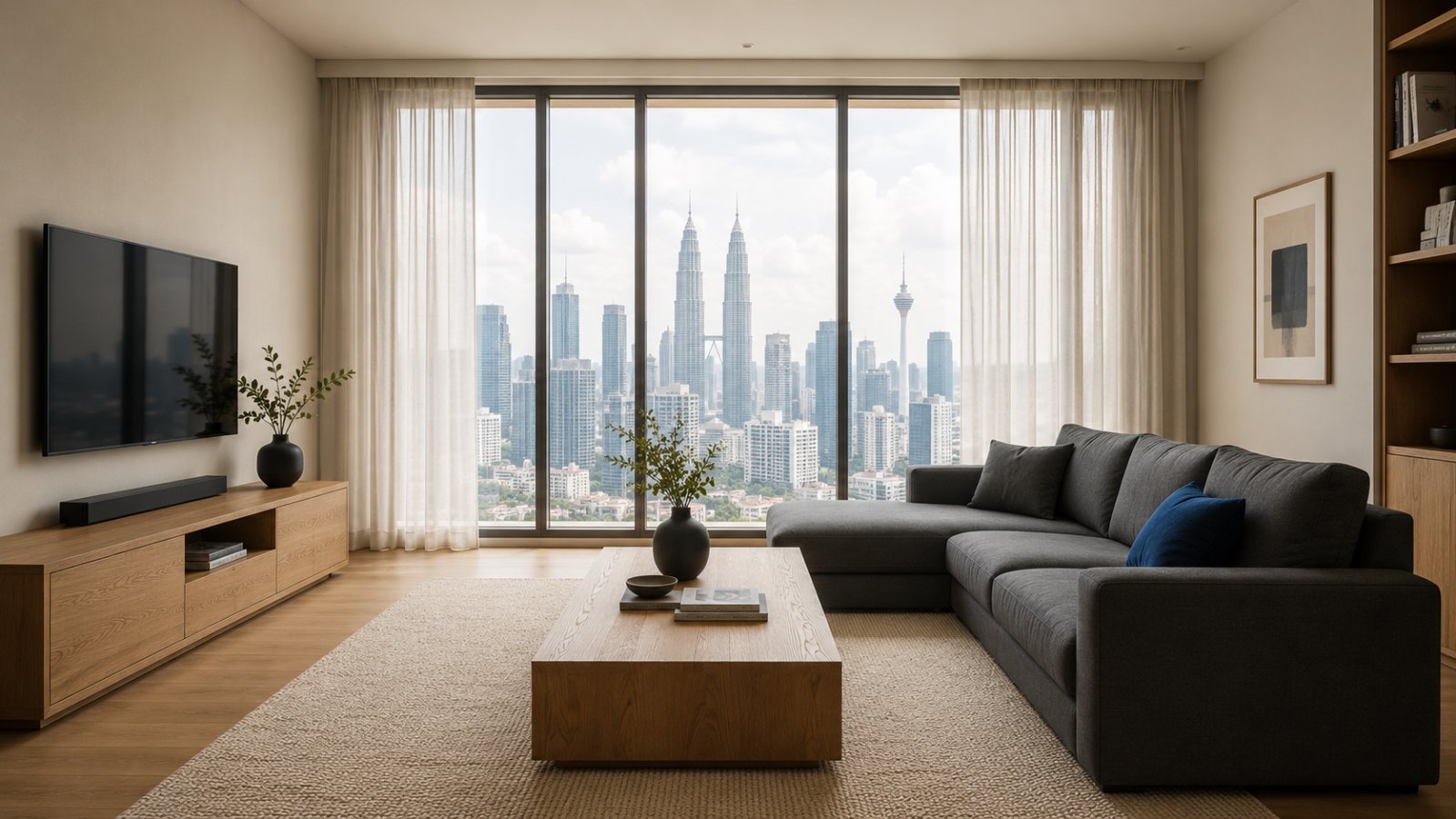 A photorealistic daylight render of the finished living room — warm oak floor, charcoal sectional with a single blue accent cushion, oatmeal rug, sheer curtains, KL skyline through floor-to-ceiling windows.