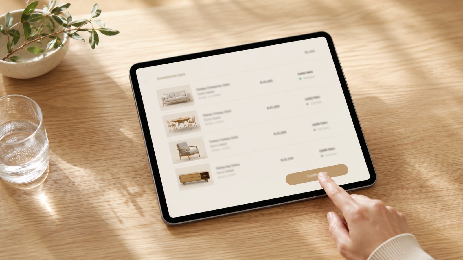 A hand tapping the confirm button on a tablet showing an itemised furnishing summary — product thumbnails, prices and in-stock labels in a clean warm-off-white interface — on a sunlit wooden desk.