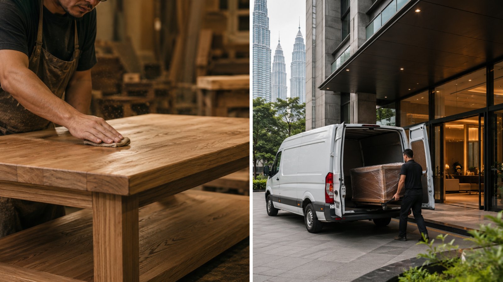 A split scene — on the left an artisan hand-finishing a solid-oak coffee table in a warm workshop; on the right a delivery driver unloading a wrapped piece from a van at a modern KL condo lobby, Petronas Towers behind.